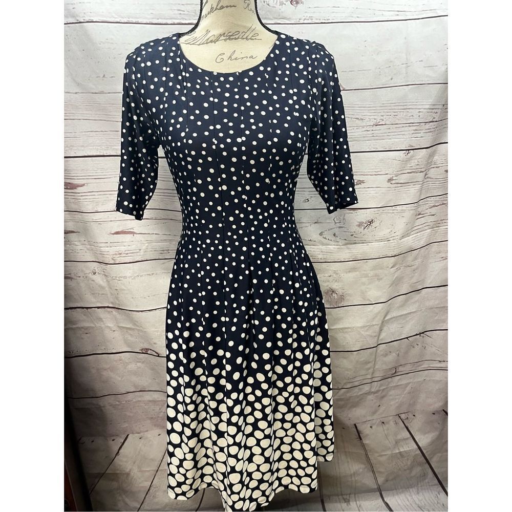 Shelby & Palmer Navy Blue White Polka Dot Fit Flare Dress Womens Size Small S